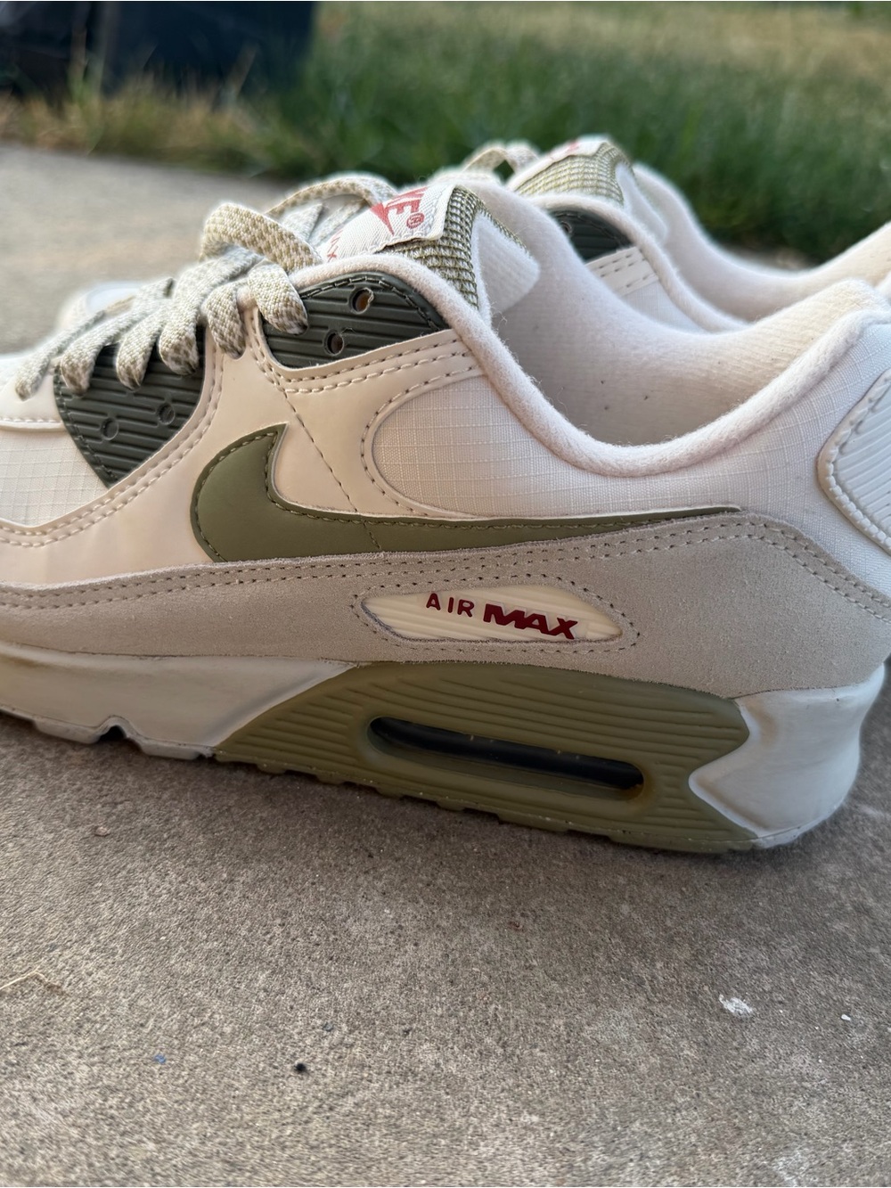 Nike Air Max 90 Sneakers in White, Olive & Red Accents